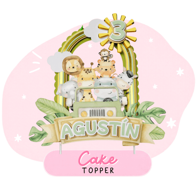 Cake topper de animalitos con el nombre Agustín