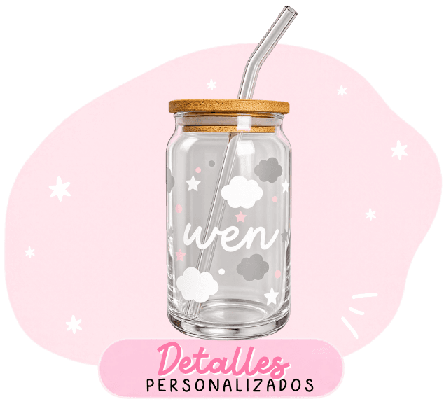 Vaso de vidrio personalizado con nubes y el nombre Wen
